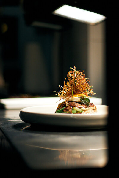 Asian dish in restaurant window.