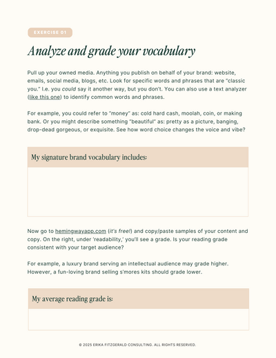 Internal page of a brand messaging guide, explaining how to analyze tone of voice in written communication and website copy. 