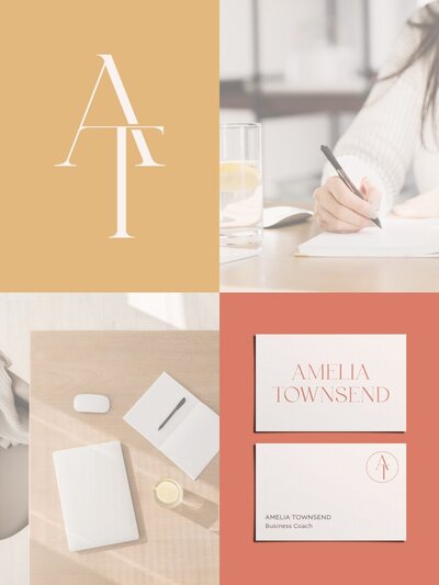 Four-panel brand layout featuring the AT monogram on a Sunbeam Ochre background, a soft overhead workspace scene, a woman writing at a desk, and business cards in Hibiscus Clay and Porcelain Blush—reflecting a calm yet vibrant brand identity.