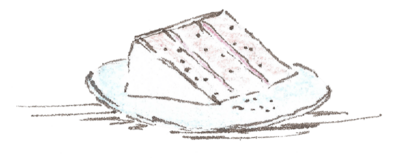 A hand drawn illustration of a plate with a slice of cake on it