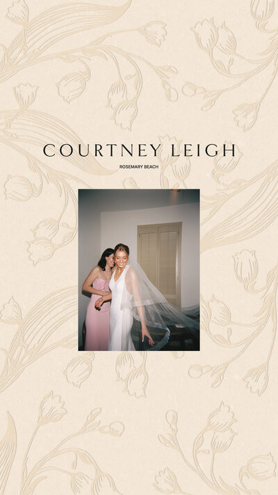 Graphic of a Courtney Leigh wedding photograph and black logo on top of a tan floral textured background