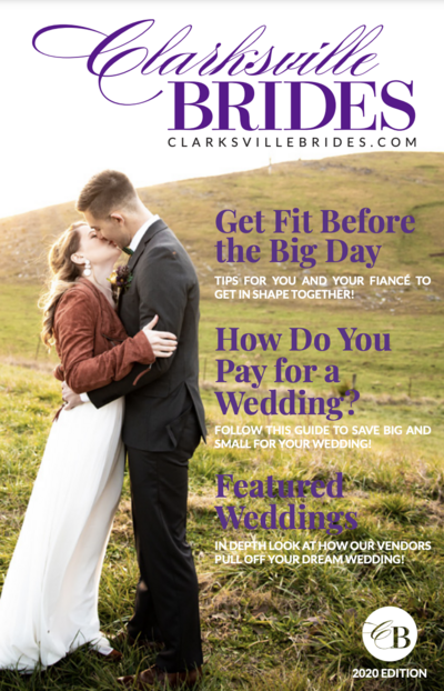magazine cover of Clarksville Bride 2020 edition showing groom kissing bridge while they embrace each other standing