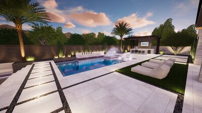 Backyard design with custom water feature and multiple outdoor lounge areas.