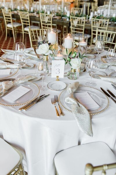 classic wedding dinner table with modern touches and wedding reception at blue mound golf and country club in wauwatosa wisconsin