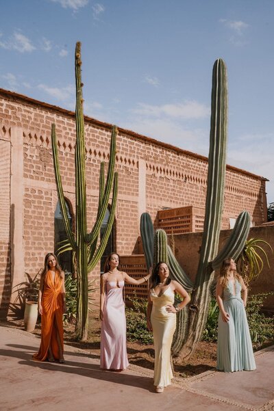 Bride and Bridesmaids Posing with Cactus