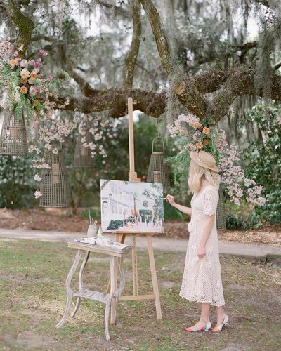 French wedding style live painter entertainment for a spring garden minimony