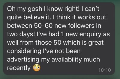 I can't believe it! I got 50-60 new followers and 1 enquiry...in 2 days