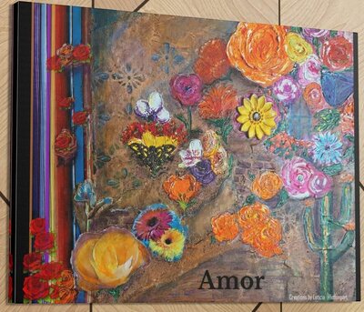 Amor mixed media art rustic home covered by vibrant colorful flowers