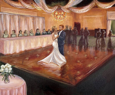 Painting of bride and groom dancing in front of wedding party