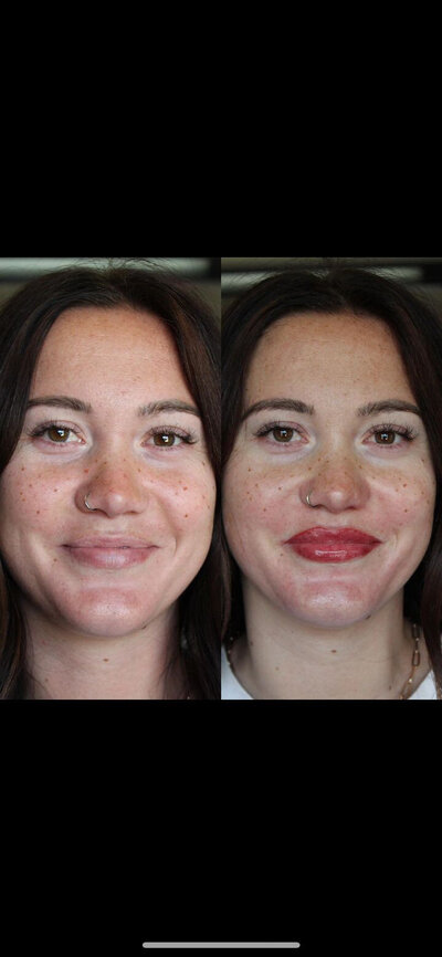 Before and after image of a woman who just had her lips tattoed with the lip blush technique. Her lips in the after photo have reddish color applied compared to their natural pale pink appearance.