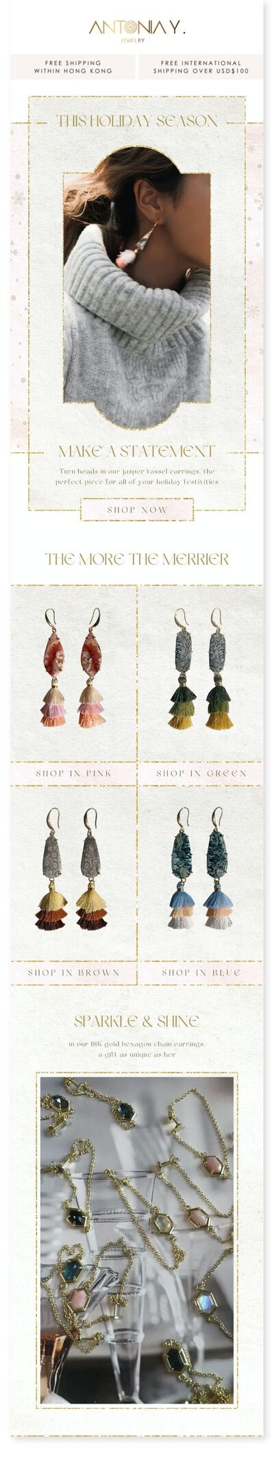 Hong Kong Graphic Designer Kyra Janelle's eDM newsletter design for e-commerce jewelry brand Antonia Y. Jewelry promoting Christmas jewelry to wear during the holiday season.