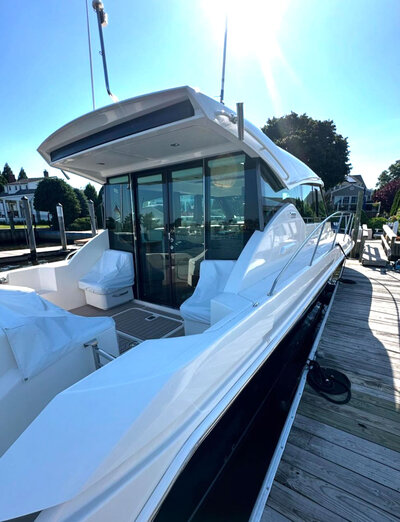 Rear deck of a detailed yacht docked at the marina