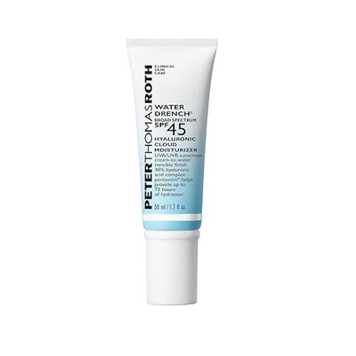 Peter Thomas Roth Water Drench SPF 45 sunscreen tube on a light background FSA Eligible formula that hydrates and protects skin from sun damage. 