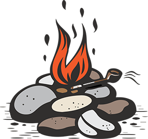 An icon of a fire for a medicine ceremony with a tobacco pipe sitting on top of some rocks.