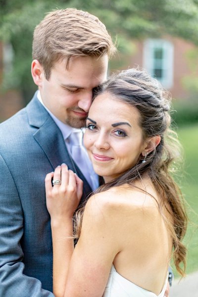 Bride and groom walk up memorial steps at their DC wedding