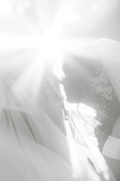 Letting the sunlight the through the veil for a bride and groom photo in Tucson, Arizona wedding.
