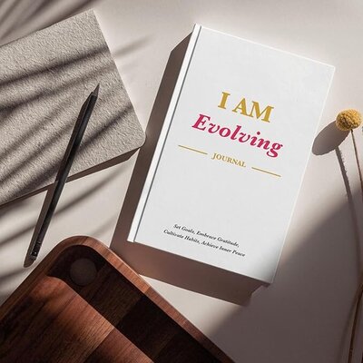 White hardcover self-love journal titled "I AM Evolving placed on a desk with flowers and pen