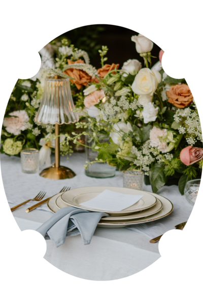 Close-up photo of a table setting with florals