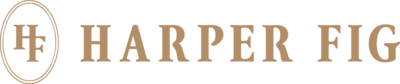 Harper Fig's Horizontal Logo including their Submark, which is an oval containing the letters H & F.
