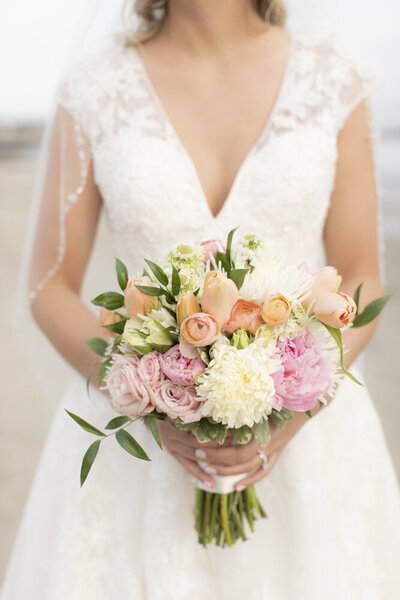 closeup of bride holding bouquet on wedding day