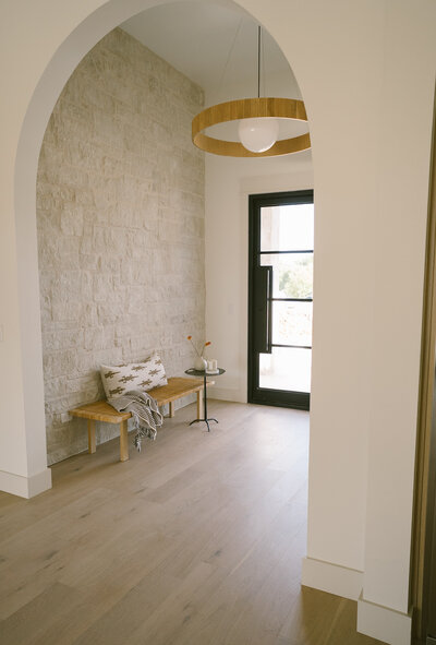 entry, stone wall, modern light, steel front door, boho, organic modern