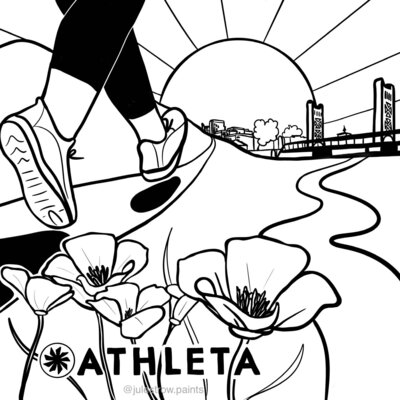 A black and white line drawing of a runner's shoes running along a poppy lined trail toward the city of sacramento.