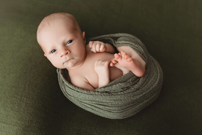 tan baby boy sleeping on a fern back drop with a white and green bonnet in his posed studio newborn session in harrisburg