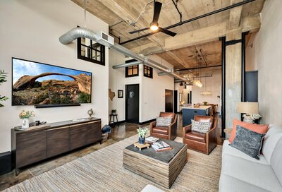 Open concept living area  in this 3-bedroom, 2-bathroom luxury condo in downtown Waco, TX