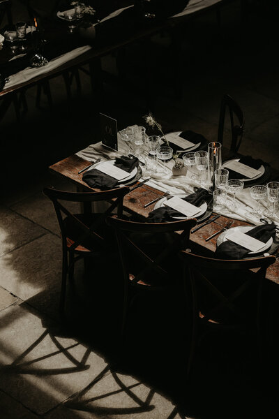 A shot from the balcony at The Willow Marsh Farm of direct sunlight hitting the table decor.  
