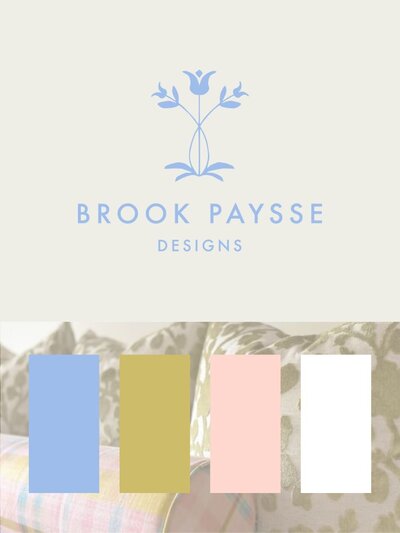 Primary logo for Brook Paysse Designs, an interior design studio, featuring a tulip icon and serif logotype in periwinkle blue. Paired with a soft color palette in blue, chartreuse, blush, and white over a textile-inspired background.