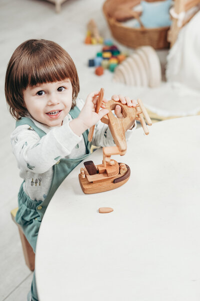 Enfant qui joue avec des jouets en bois