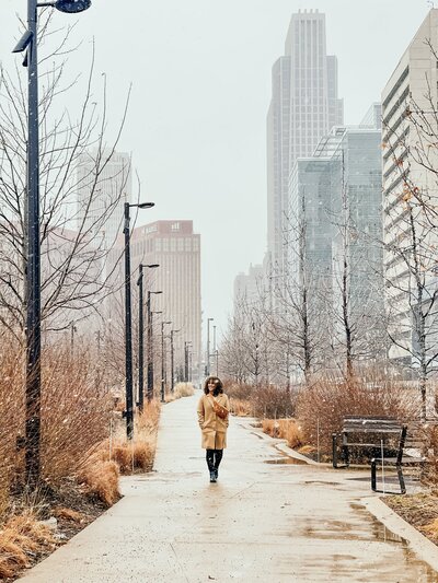 Briana walking in the city