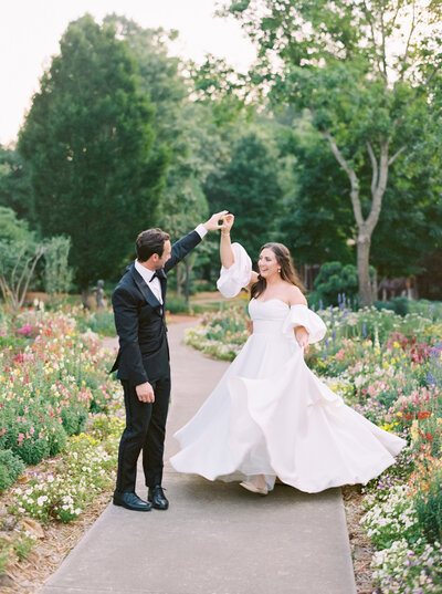 Bride and groom walk up memorial steps at their DC wedding