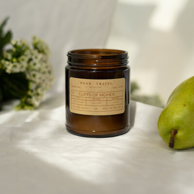 Barcelona travel themed candle with wood wick and natural soy in a reusable container