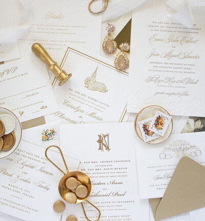 collage of custom letterpress wedding invitations in gold and white