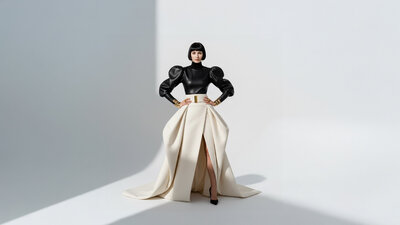 Jasmina Kimova wearing dramatic sculptural gown and black top standing confidently for luxury brand creative direction shoot