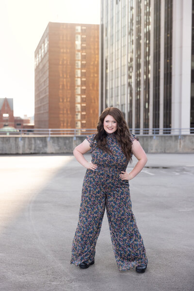 Fun high school senior portraits on a rooftop in Raleigh.
