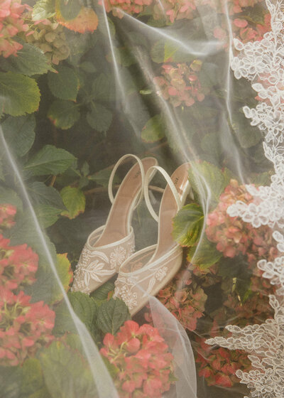 wedding shoes, wedding details, colourful florals and long veil