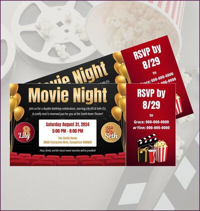 Movie-themed birthday invitation with black, red, and gold accents for a private client; a Helia Studios design