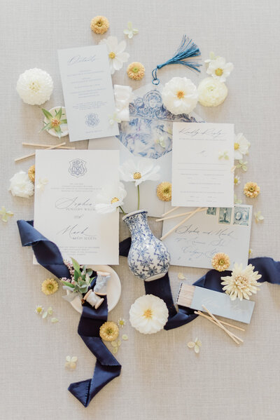 Romantic fine art wedding stationery with hints of blue and yellow, featured on Bronte Bride, showcasing beautiful wedding inspiration, real local couples, and amazing Canadian Wedding Vendors.