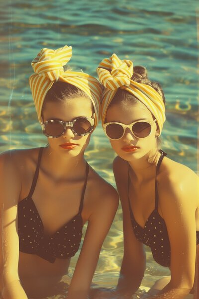 Vintage Summer Vibes of two women in sunglasses and bikinis by the Pool