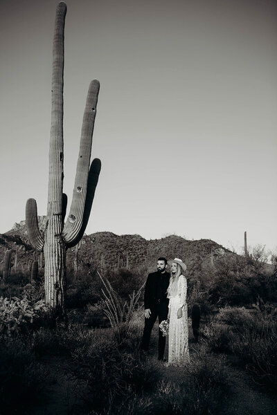 couple standing in desert by cactus