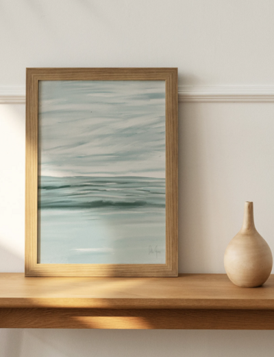 Framed art print of ocean waves or waves on Lake Michigan in shades of green blue. Stormy winter scene of deep waters. Beach house decor or Bohemian style decor.