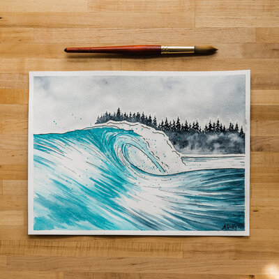 Watercolor painting of a wave lit by pink morning light
