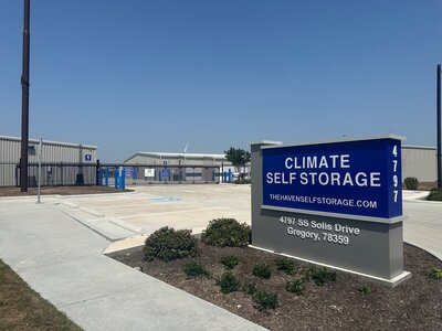 Entry sign for The Haven Self Storage in Gregory Texas, highlighting the professionally managed commercial facility supported by WLS Interests.