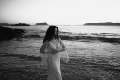 Bridal portrait on the beach in Tofino BC Canada, coastal wedding photography black and white