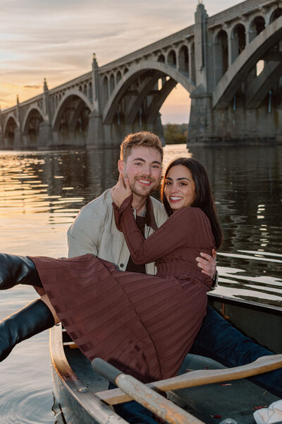 An engagement photoshoot sharing a romantic boat ride along the Susquehanna River in Columbia, Lancaster, Pennsylvania. 