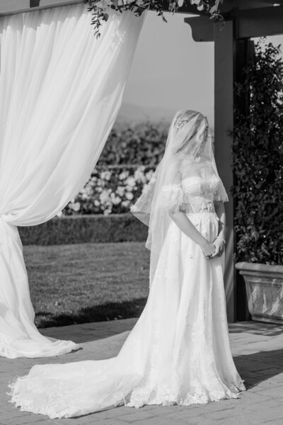 black and white editorial style image of bride at ceremony ponte winery chuppah