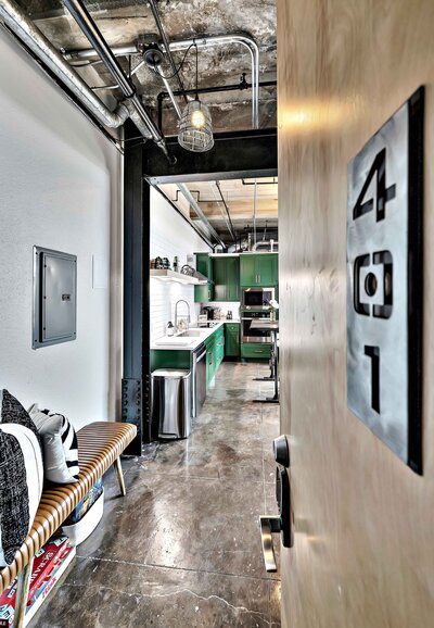 Entrance to the one-bedroom, one-bathroom condo in the historic Behrens building in downtown Waco, TX