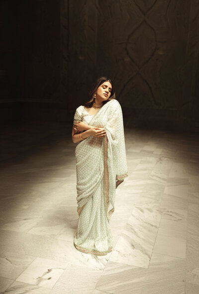 Blue, Cream, Brown, Women, White outfit, Posing